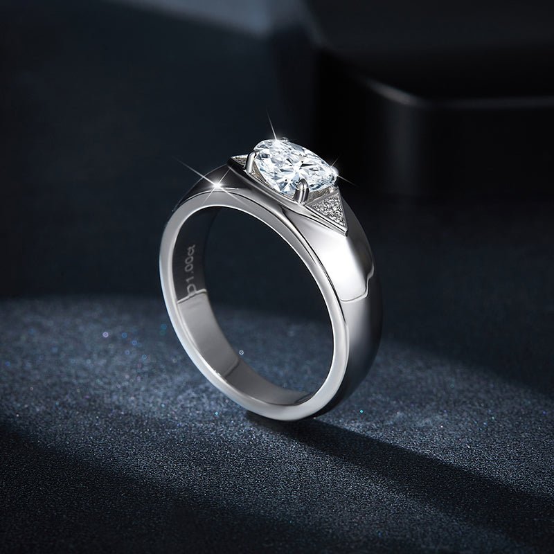 S925 Sterling Silver 1ct Marquise Moissanite Men's Ring, Wide Band With Pave Accents, Platinum Plated, US Sizes 5-9, GRA Certificate Gift Box - IVOIRART.COM