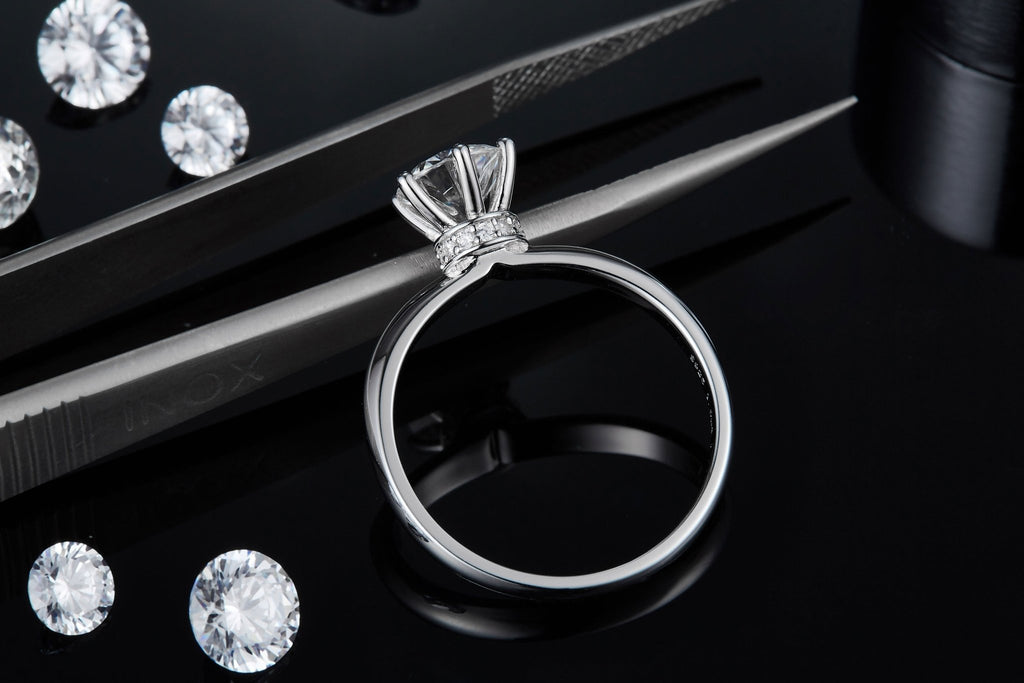 S925 Sterling Silver 1ct Moissanite Engagement Ring, D-VVS1 6-Prong Solitaire With Pave Collar, US Sizes 5-9, GRA Certificate Gift Box - IVOIRART.COM