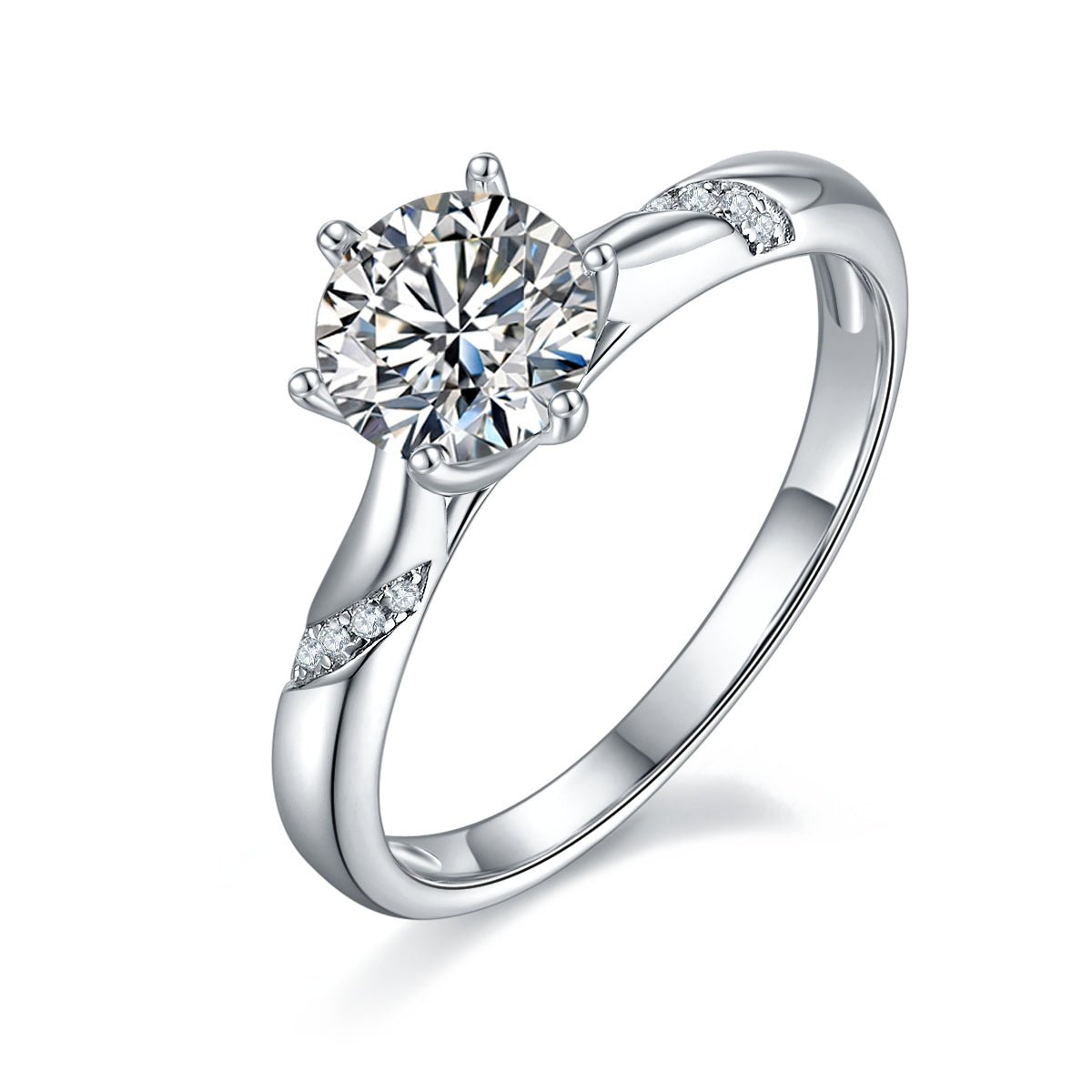 S925 Sterling Silver 1ct Moissanite Engagement Ring D-VVS1 Round 6-Prong Twisted - IVOIRART.COM