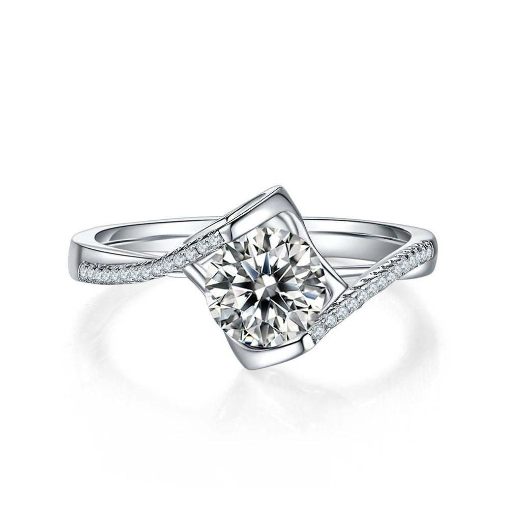 S925 Sterling Silver 1ct Moissanite Engagement Ring, D-VVS1 Round Cut With Heart Setting & Pave Band, Platinum Plated, US Sizes 5-9, GRA Certificate Gift Box - IVOIRART.COM