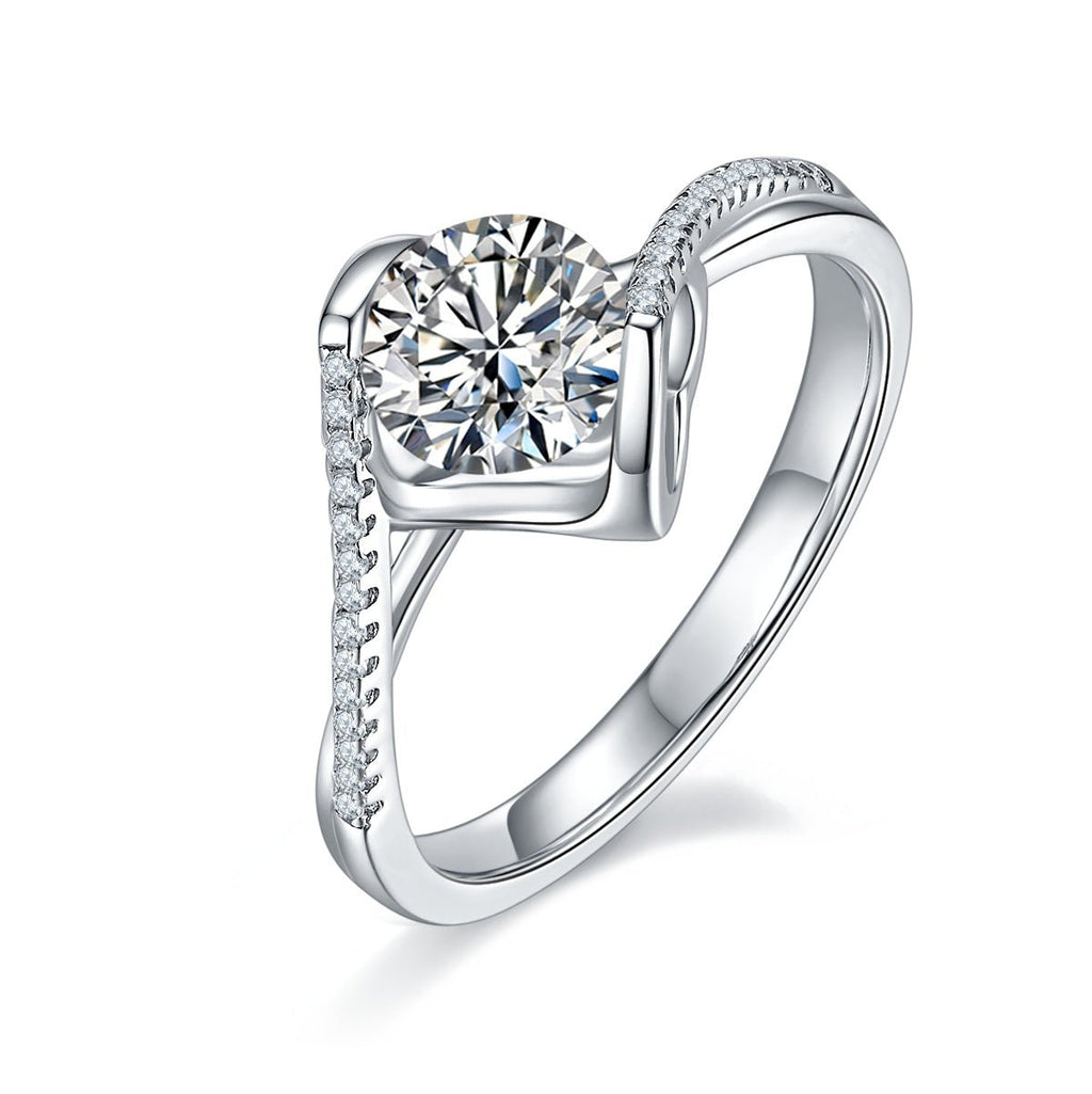 S925 Sterling Silver 1ct Moissanite Engagement Ring, D-VVS1 Round Cut With Heart Setting & Pave Band, Platinum Plated, US Sizes 5-9, GRA Certificate Gift Box - IVOIRART.COM