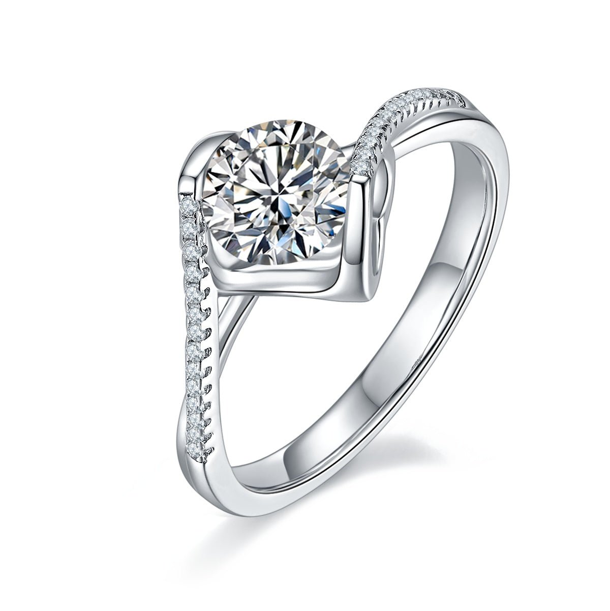 S925 Sterling Silver 1ct Moissanite Engagement Ring, D-VVS1 Round Cut With Heart Setting & Pave Band, Platinum Plated, US Sizes 5-9, GRA Certificate Gift Box - IVOIRART.COM