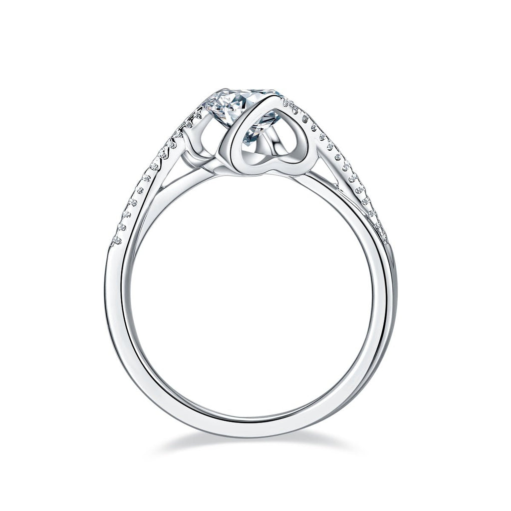 S925 Sterling Silver 1ct Moissanite Engagement Ring, D-VVS1 Round Cut With Heart Setting & Pave Band, Platinum Plated, US Sizes 5-9, GRA Certificate Gift Box - IVOIRART.COM