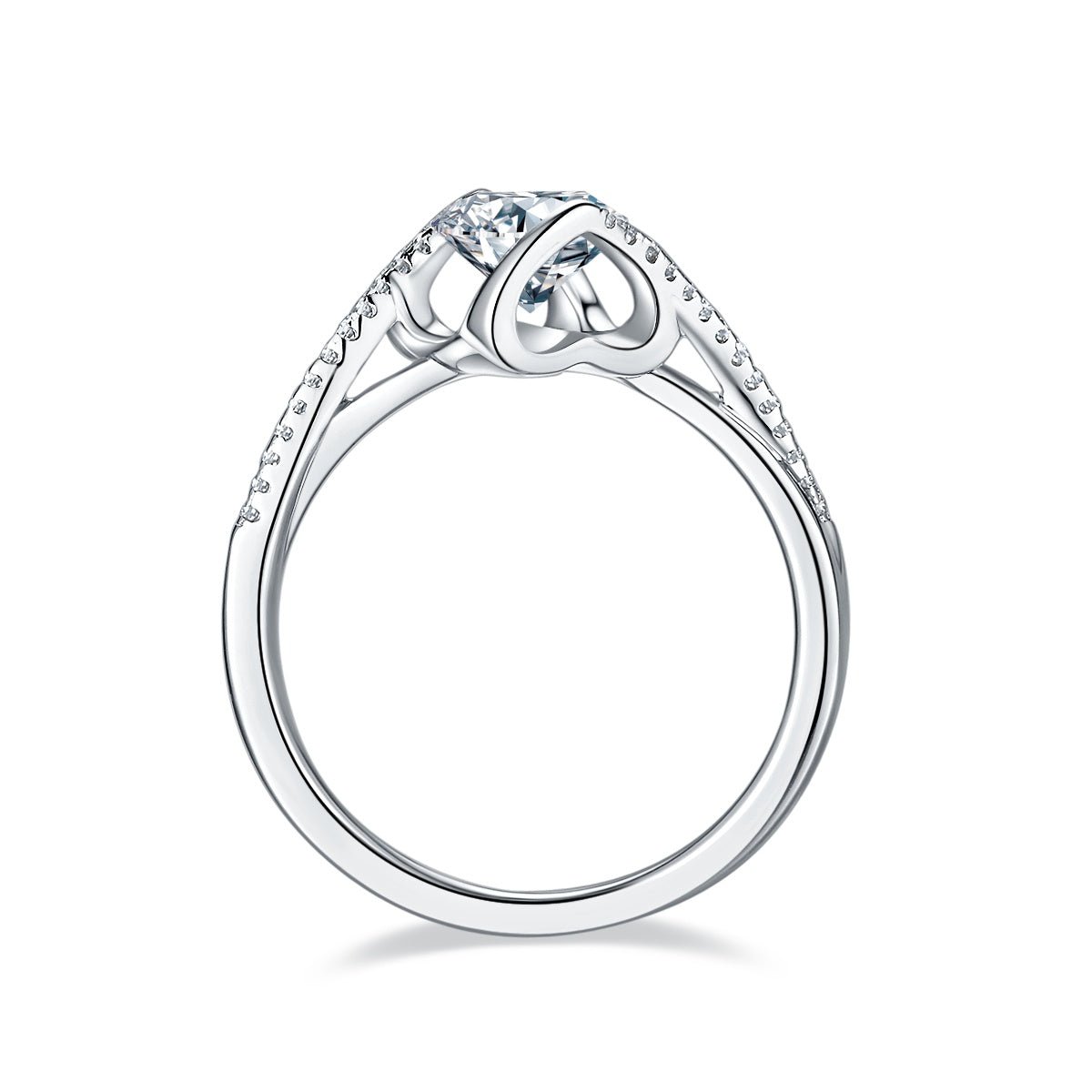 S925 Sterling Silver 1ct Moissanite Engagement Ring, D-VVS1 Round Cut With Heart Setting & Pave Band, Platinum Plated, US Sizes 5-9, GRA Certificate Gift Box - IVOIRART.COM