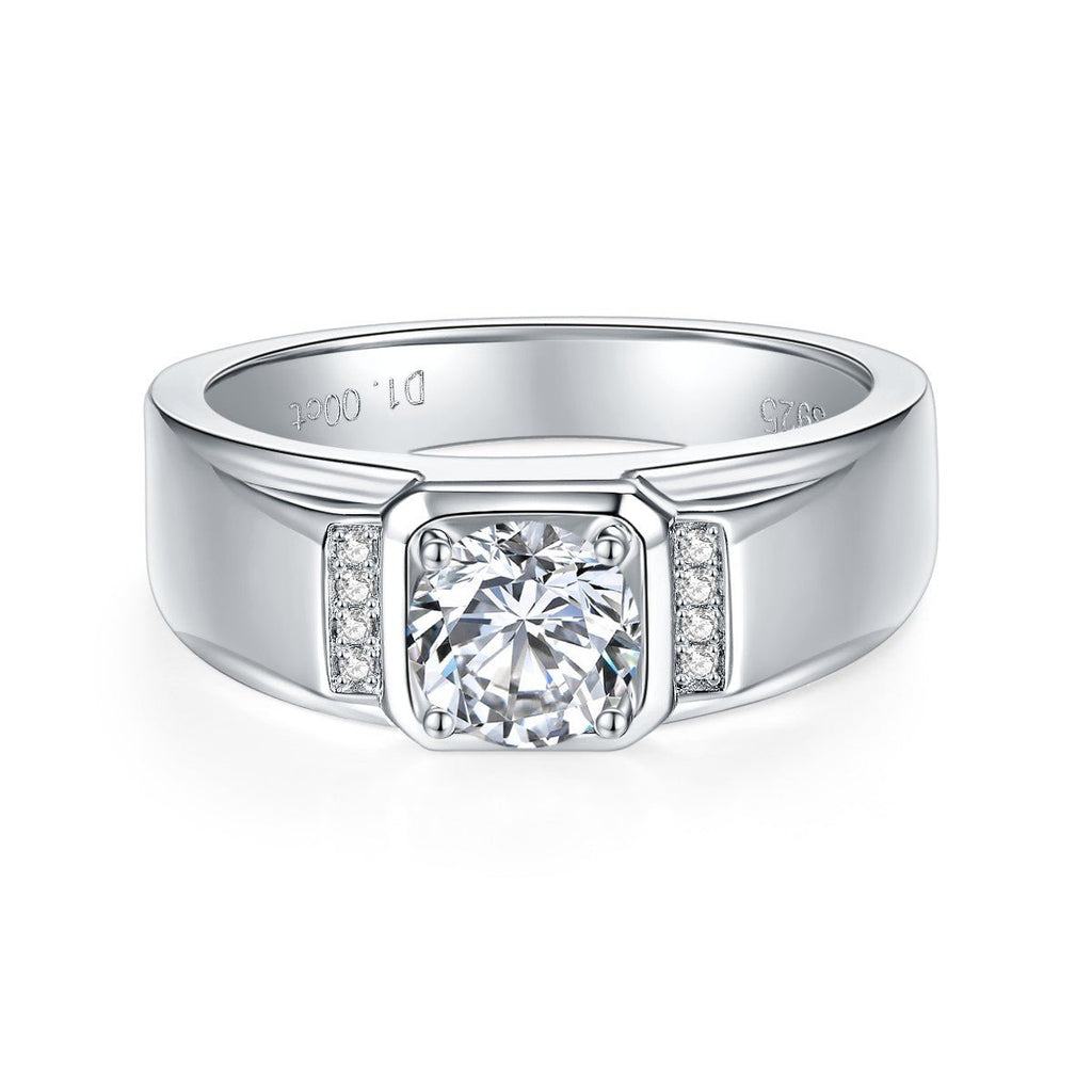S925 Sterling Silver 1ct Moissanite Men's Ring, D-VVS1 Wide Band With Side Stones, Platinum Plated US Sizes 5-9, GRA Certified Gift Box - IVOIRART.COM