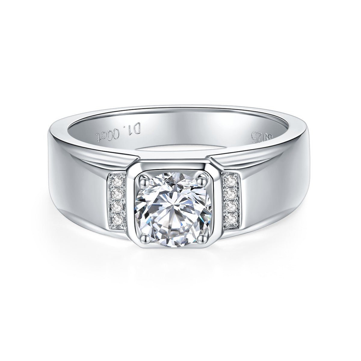 S925 Sterling Silver 1ct Moissanite Men's Ring, D-VVS1 Wide Band With Side Stones, Platinum Plated US Sizes 5-9, GRA Certified Gift Box - IVOIRART.COM