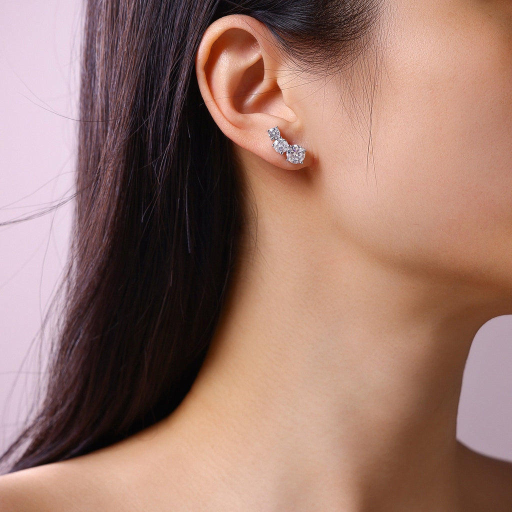 S925 Sterling Silver 3-Stone Graduated Stud Earrings, 1ct D-VVS1 Moissanite Journey Earrings, Platinum Plated 2.5g With GRA Certificate Gift Box - IVOIRART.COM