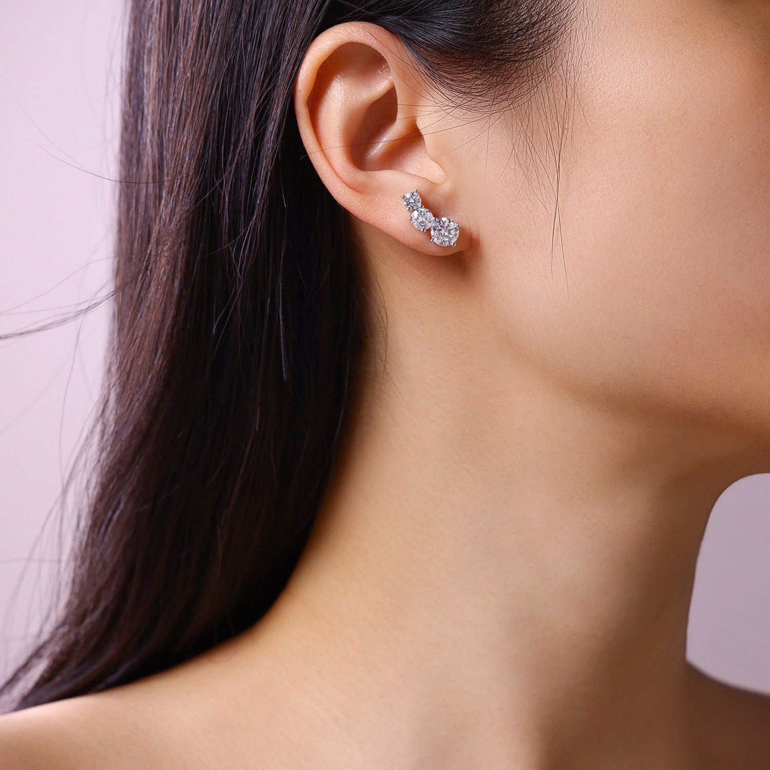S925 Sterling Silver 3-Stone Graduated Stud Earrings, 1ct D-VVS1 Moissanite Journey Earrings, Platinum Plated 2.5g With GRA Certificate Gift Box - IVOIRART.COM