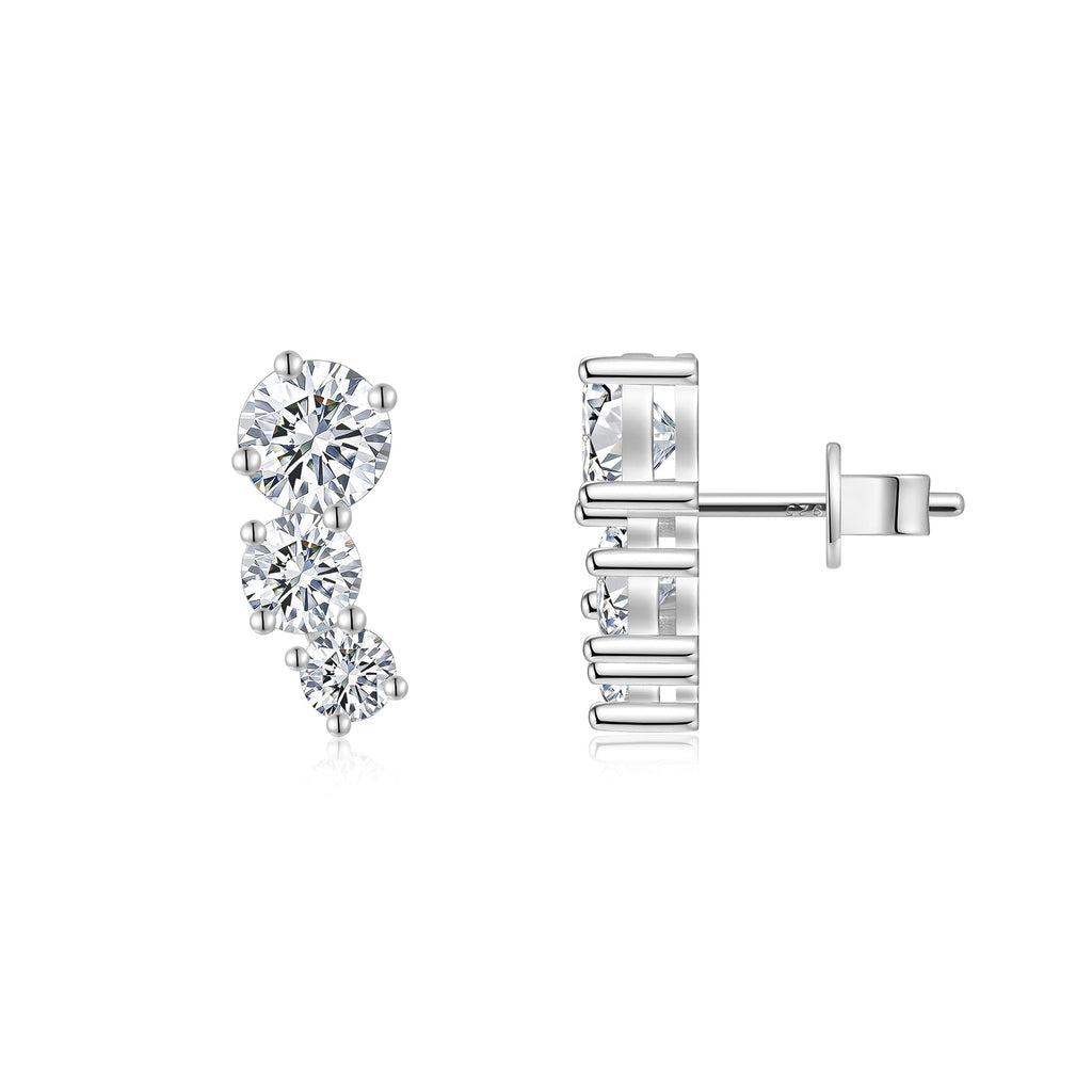 S925 Sterling Silver 3-Stone Graduated Stud Earrings, 1ct D-VVS1 Moissanite Journey Earrings, Platinum Plated 2.5g With GRA Certificate Gift Box - IVOIRART.COM