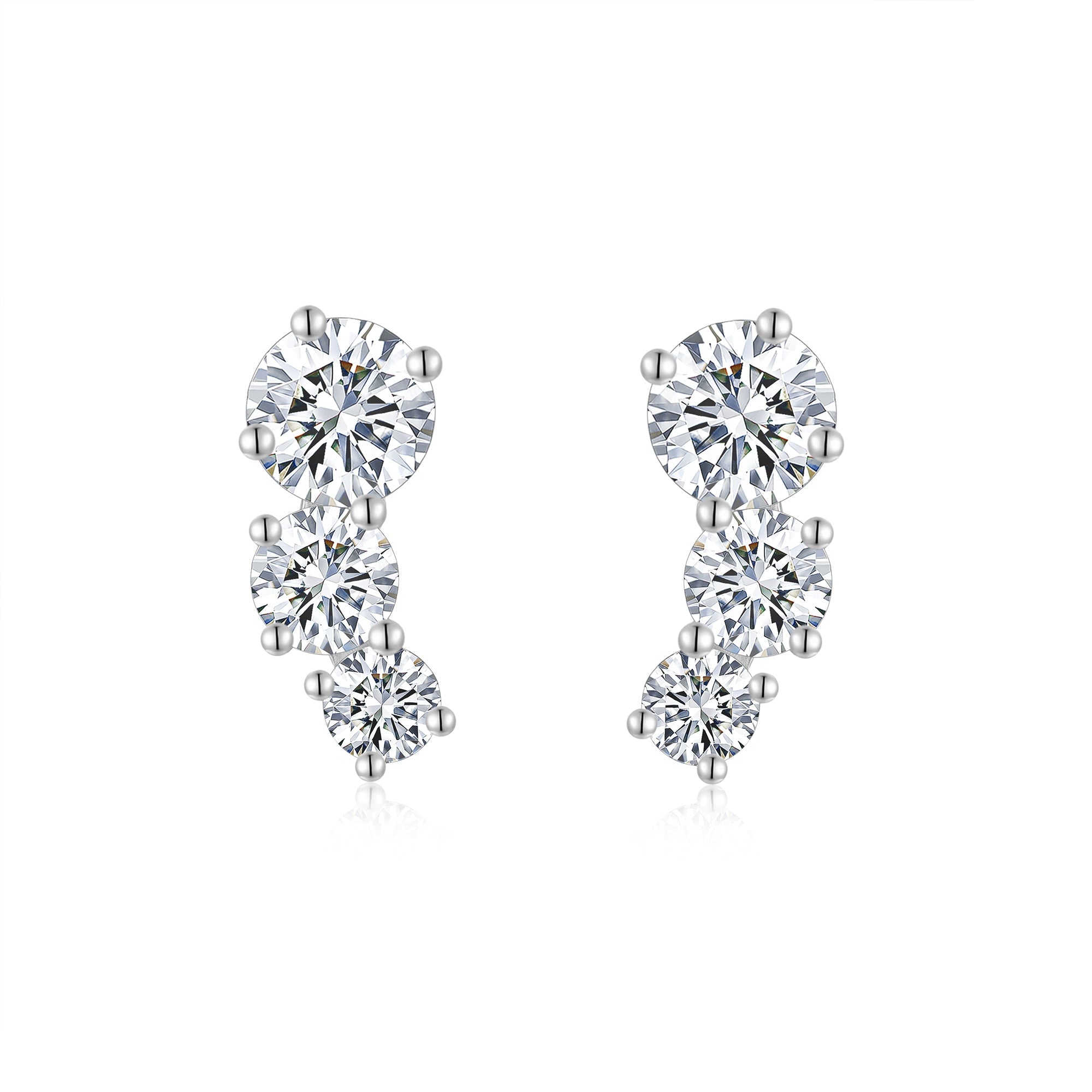 S925 Sterling Silver 3-Stone Graduated Stud Earrings, 1ct D-VVS1 Moissanite Journey Earrings, Platinum Plated 2.5g With GRA Certificate Gift Box - IVOIRART.COM