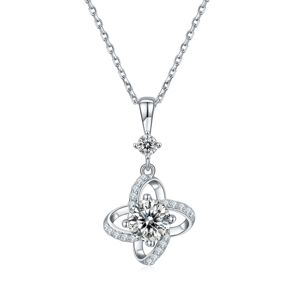 S925 Sterling Silver 4-Leaf Clover Necklace, 6.5mm Moissanite & Lab-Grown Gemstone, Platinum Plated 45cm Chain, 2.8g Women's Fine Jewelry Gift Box - IVOIRART.COM
