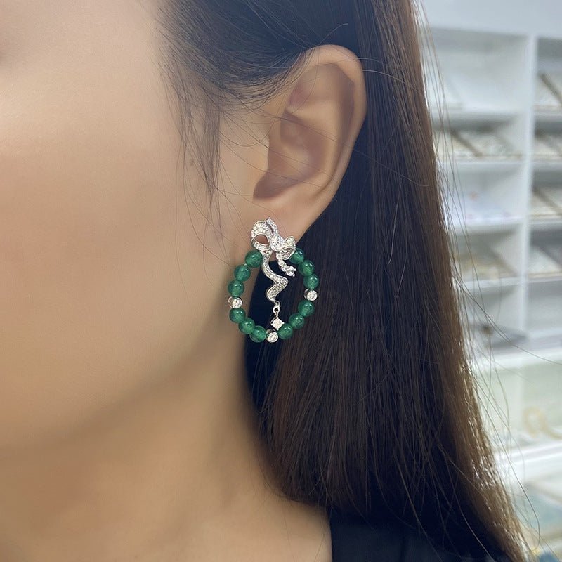 S925 Sterling Silver Bow Hoop Earrings, Round Green Chrysoprase Beaded Dangle Earrings, Platinum Plated 6.4g Elegant Jewelry Gift For Women With Box - IVOIRART.COM