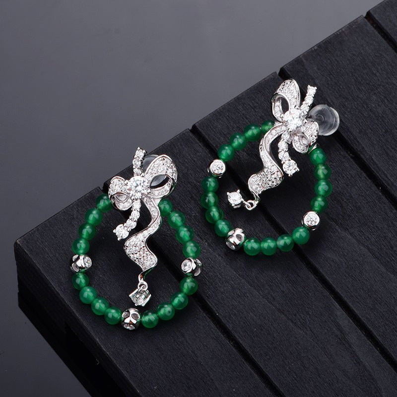 S925 Sterling Silver Bow Hoop Earrings, Round Green Chrysoprase Beaded Dangle Earrings, Platinum Plated 6.4g Elegant Jewelry Gift For Women With Box - IVOIRART.COM