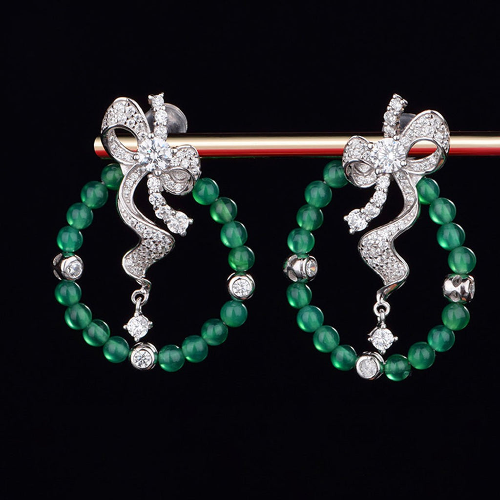 S925 Sterling Silver Bow Hoop Earrings, Round Green Chrysoprase Beaded Dangle Earrings, Platinum Plated 6.4g Elegant Jewelry Gift For Women With Box - IVOIRART.COM