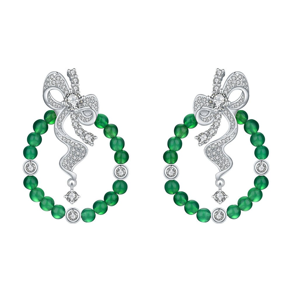 S925 Sterling Silver Bow Hoop Earrings, Round Green Chrysoprase Beaded Dangle Earrings, Platinum Plated 6.4g Elegant Jewelry Gift For Women With Box - IVOIRART.COM