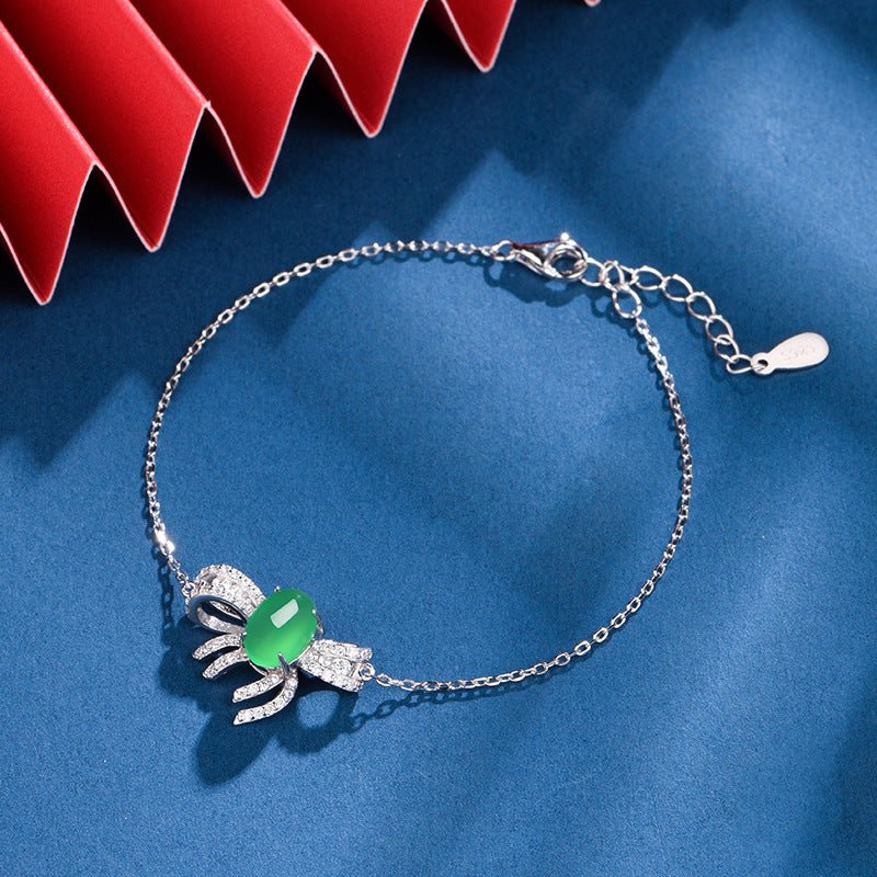 S925 Sterling Silver Bowknot Bracelet, 8x6mm Cabochon Green Chrysoprase, Platinum Plated 2.5g, 19cm Link Chain, Elegant Women's Jewelry With Gift Box - IVOIRART.COM