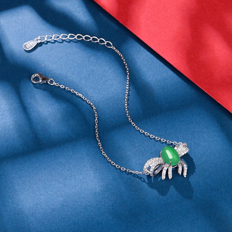 S925 Sterling Silver Bowknot Bracelet, 8x6mm Cabochon Green Chrysoprase, Platinum Plated 2.5g, 19cm Link Chain, Elegant Women's Jewelry With Gift Box - IVOIRART.COM
