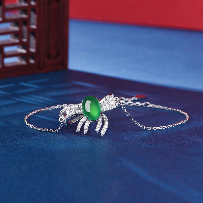 S925 Sterling Silver Bowknot Bracelet, 8x6mm Cabochon Green Chrysoprase, Platinum Plated 2.5g, 19cm Link Chain, Elegant Women's Jewelry With Gift Box - IVOIRART.COM