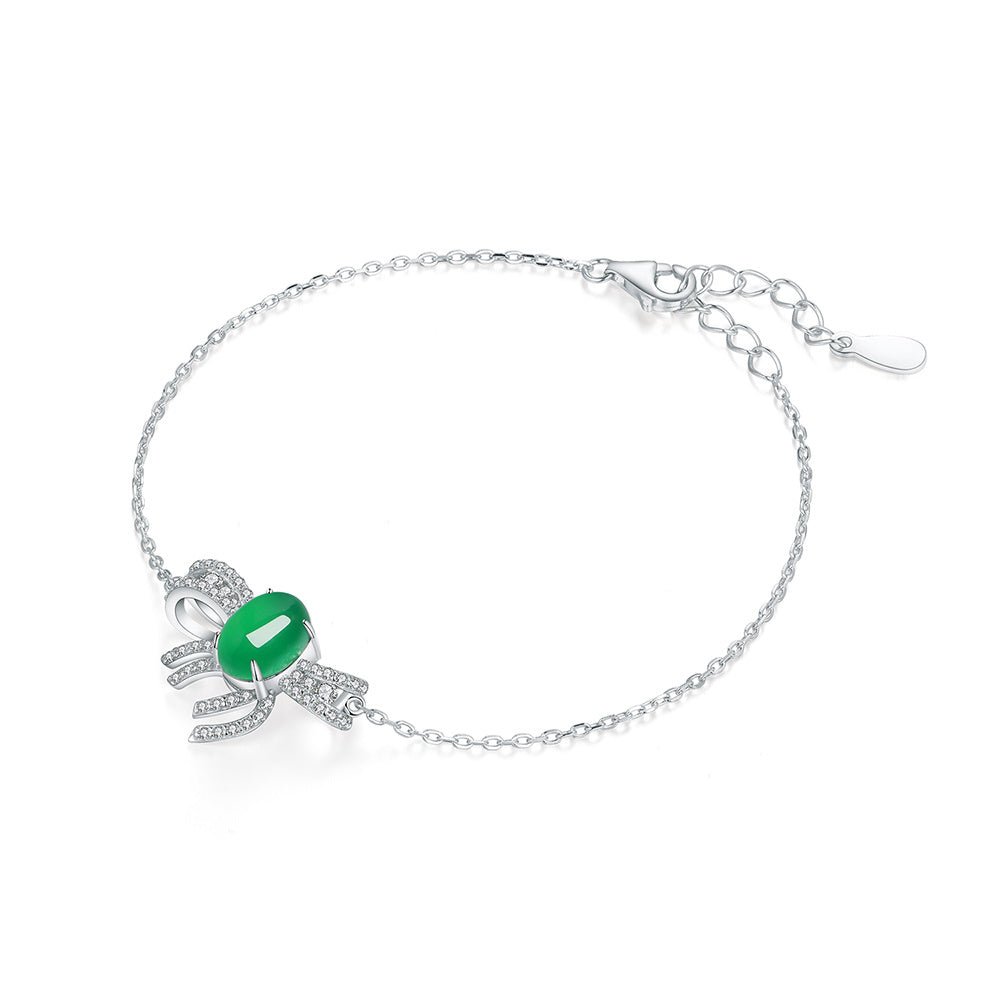 S925 Sterling Silver Bowknot Bracelet, 8x6mm Cabochon Green Chrysoprase, Platinum Plated 2.5g, 19cm Link Chain, Elegant Women's Jewelry With Gift Box - IVOIRART.COM