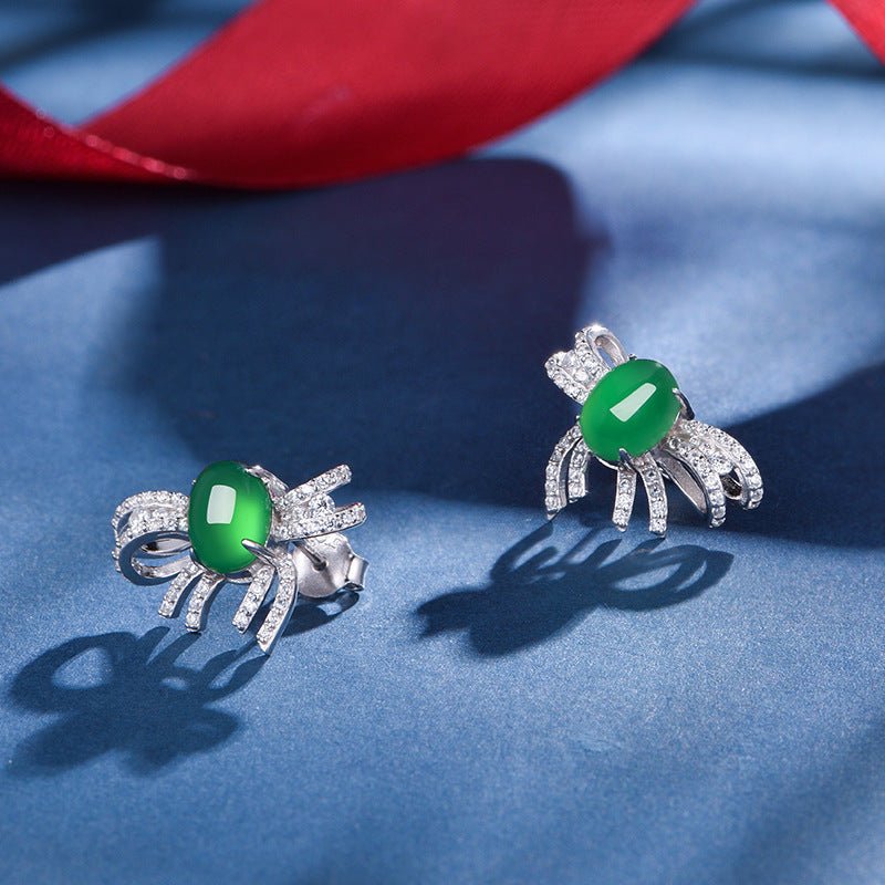 S925 Sterling Silver Bowknot Earrings, 8x6mm Oval Cabochon Green Chrysoprase, Platinum Plated 3.9g Stud Earrings For Women With Fashion Gift Box - IVOIRART.COM