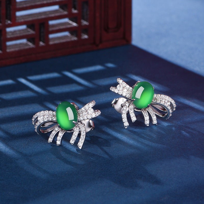 S925 Sterling Silver Bowknot Earrings, 8x6mm Oval Cabochon Green Chrysoprase, Platinum Plated 3.9g Stud Earrings For Women With Fashion Gift Box - IVOIRART.COM