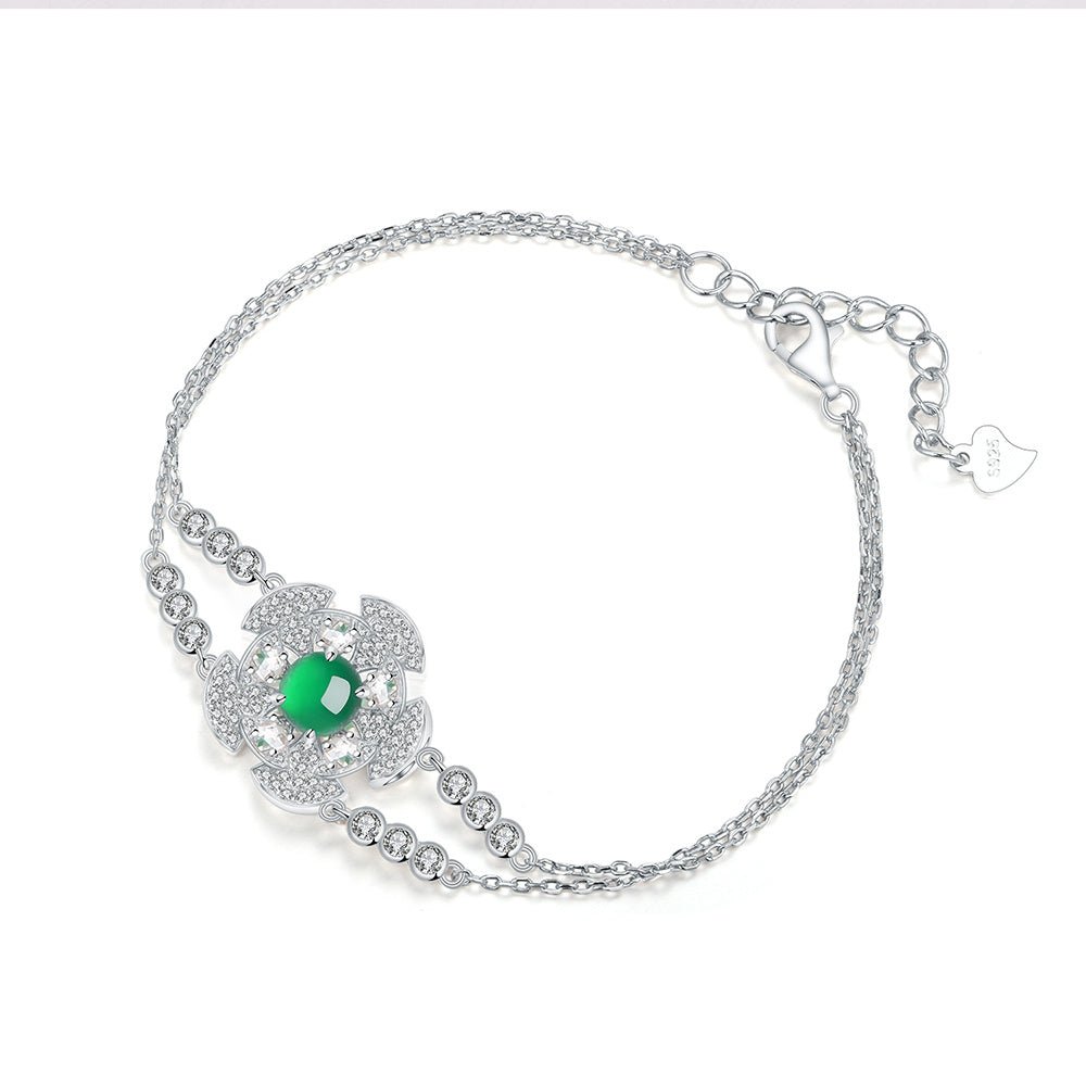 S925 Sterling Silver Bracelet Platinum Plated 6mm Round Green Chrysoprase Double Chain Fashion Jewelry With Elegant Gift Box Set For Women - IVOIRART.COM