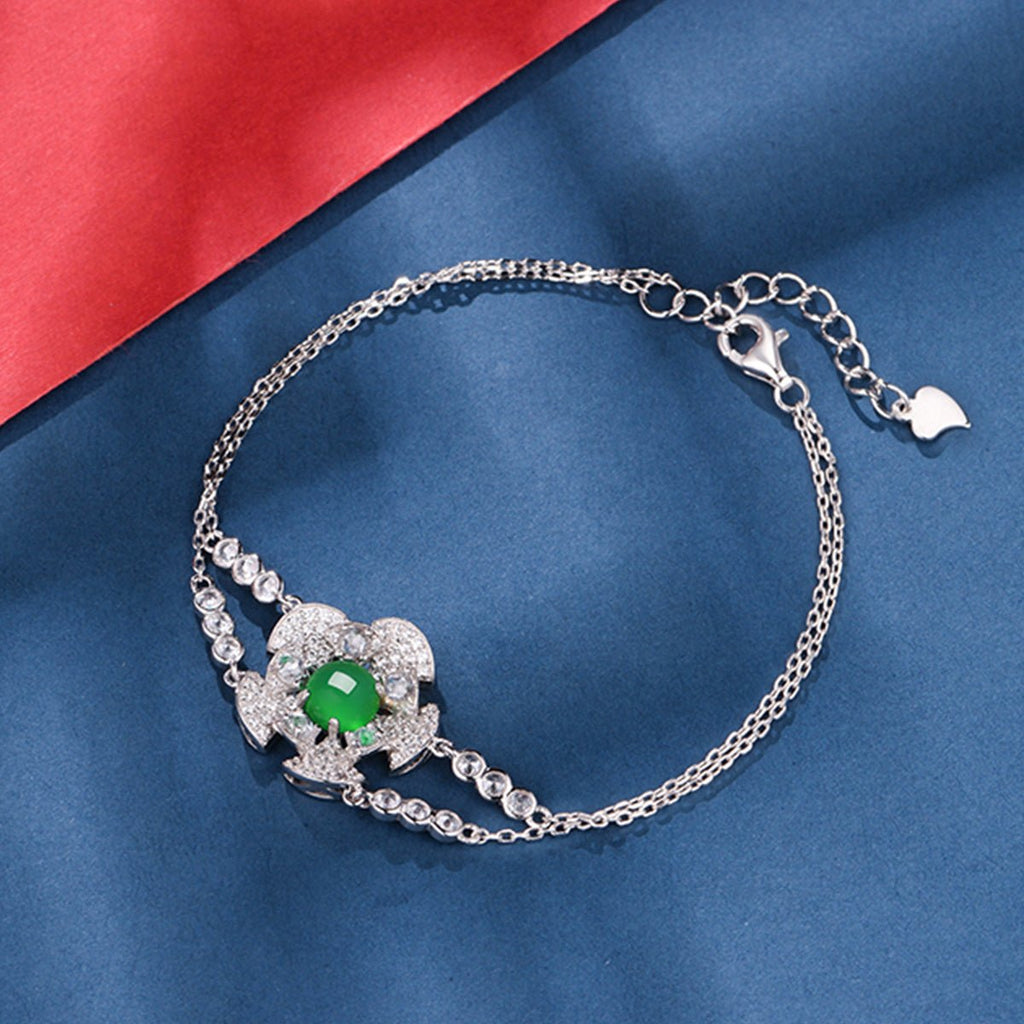 S925 Sterling Silver Bracelet Platinum Plated 6mm Round Green Chrysoprase Double Chain Fashion Jewelry With Elegant Gift Box Set For Women - IVOIRART.COM