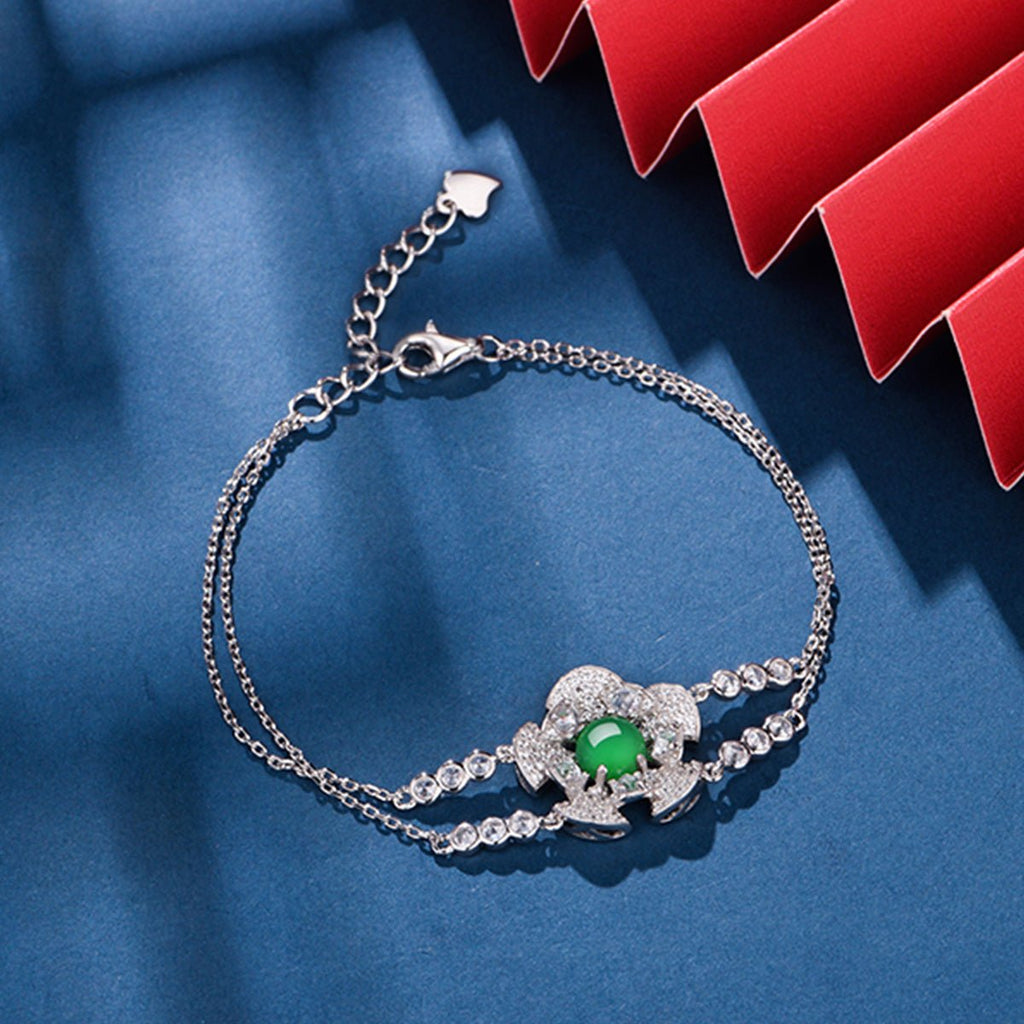 S925 Sterling Silver Bracelet Platinum Plated 6mm Round Green Chrysoprase Double Chain Fashion Jewelry With Elegant Gift Box Set For Women - IVOIRART.COM