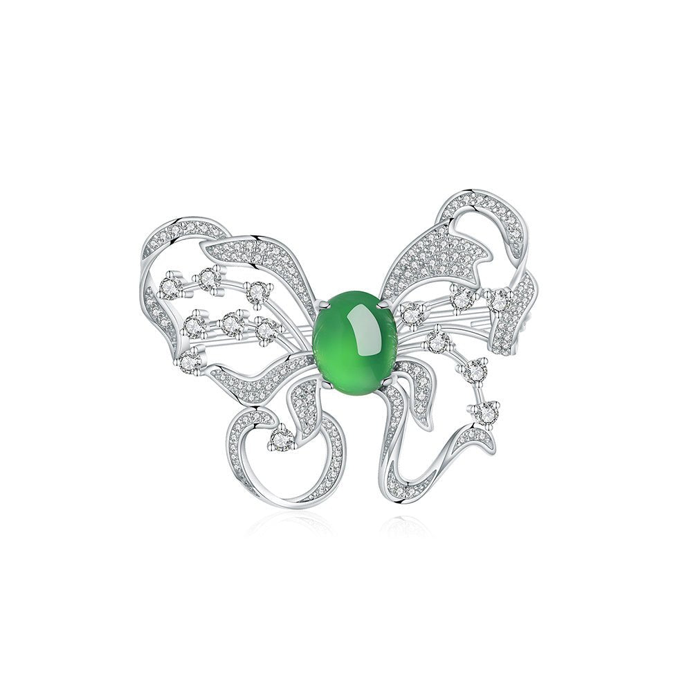 S925 Sterling Silver Butterfly Brooch, 8x10mm Green Chrysoprase Cabochon, Platinum Plated 6.7g, Elegant Women's Brooch Pin With Gift Box - IVOIRART.COM