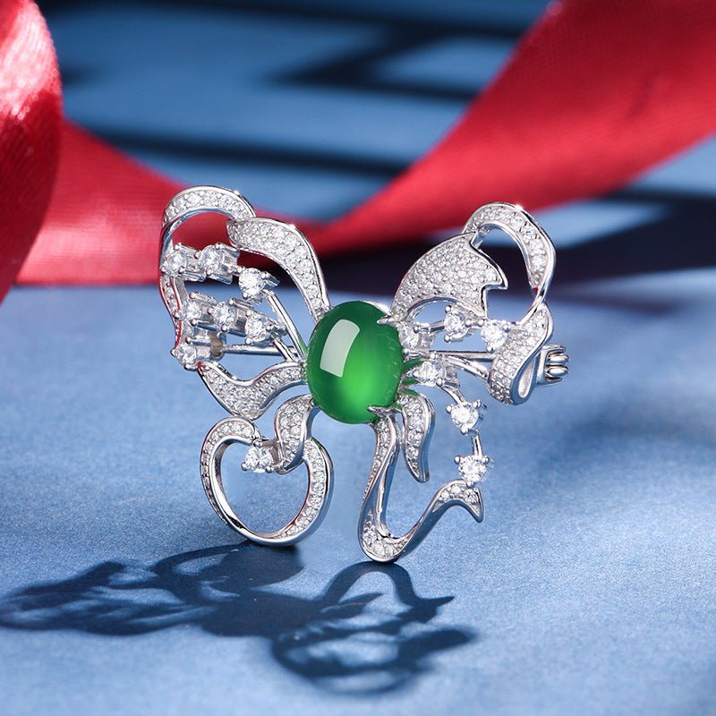 S925 Sterling Silver Butterfly Brooch, 8x10mm Green Chrysoprase Cabochon, Platinum Plated 6.7g, Elegant Women's Brooch Pin With Gift Box - IVOIRART.COM