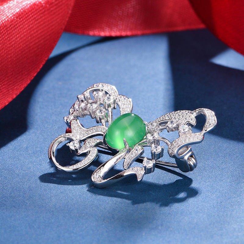 S925 Sterling Silver Butterfly Brooch, 8x10mm Green Chrysoprase Cabochon, Platinum Plated 6.7g, Elegant Women's Brooch Pin With Gift Box - IVOIRART.COM