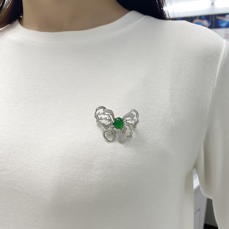 S925 Sterling Silver Butterfly Brooch, 8x10mm Green Chrysoprase Cabochon, Platinum Plated 6.7g, Elegant Women's Brooch Pin With Gift Box - IVOIRART.COM