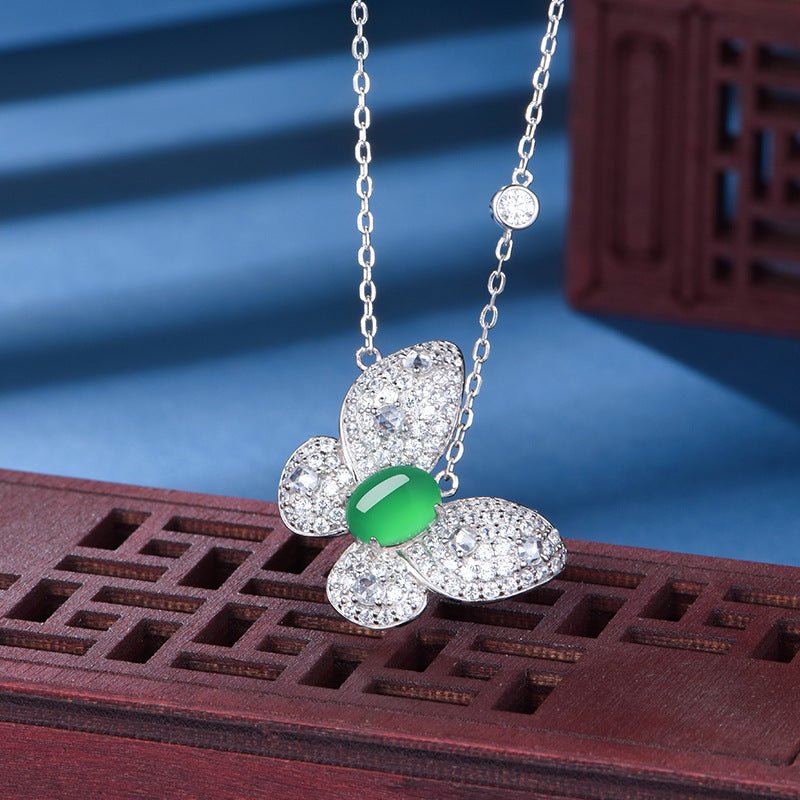 S925 Sterling Silver Butterfly Necklace, 8x6mm Oval Green Chrysoprase Pendant, Platinum Plated 45cm Chain, 5.0g Elegant Women's Jewelry With Gift Box - IVOIRART.COM