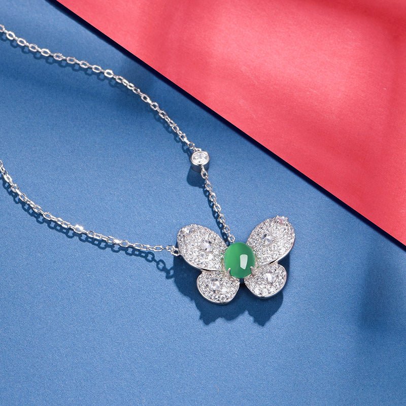 S925 Sterling Silver Butterfly Necklace, 8x6mm Oval Green Chrysoprase Pendant, Platinum Plated 45cm Chain, 5.0g Elegant Women's Jewelry With Gift Box - IVOIRART.COM