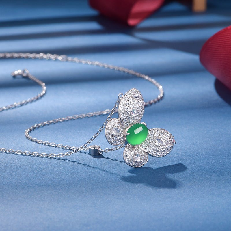 S925 Sterling Silver Butterfly Necklace, 8x6mm Oval Green Chrysoprase Pendant, Platinum Plated 45cm Chain, 5.0g Elegant Women's Jewelry With Gift Box - IVOIRART.COM