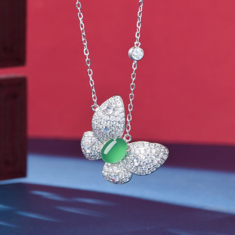 S925 Sterling Silver Butterfly Necklace, 8x6mm Oval Green Chrysoprase Pendant, Platinum Plated 45cm Chain, 5.0g Elegant Women's Jewelry With Gift Box - IVOIRART.COM