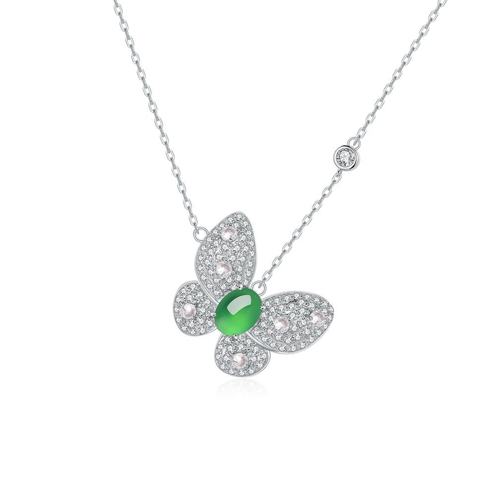S925 Sterling Silver Butterfly Necklace, 8x6mm Oval Green Chrysoprase Pendant, Platinum Plated 45cm Chain, 5.0g Elegant Women's Jewelry With Gift Box - IVOIRART.COM