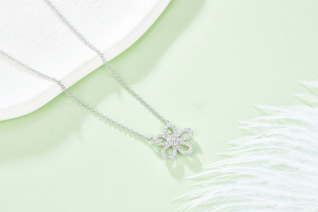 S925 Sterling Silver Dainty Flower Necklace, 49 D-VVS1 Moissanite Pave, Platinum Plated 1.1g With GRA Certificate & Gift Box - IVOIRART.COM