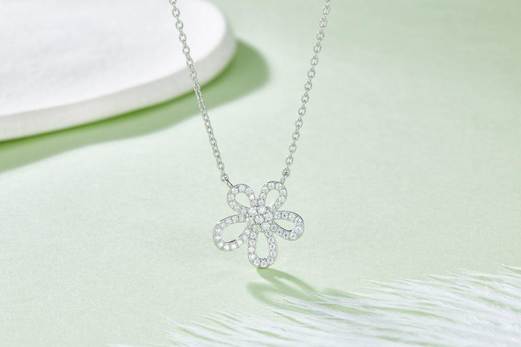 S925 Sterling Silver Dainty Flower Necklace, 49 D-VVS1 Moissanite Pave, Platinum Plated 1.1g With GRA Certificate & Gift Box - IVOIRART.COM