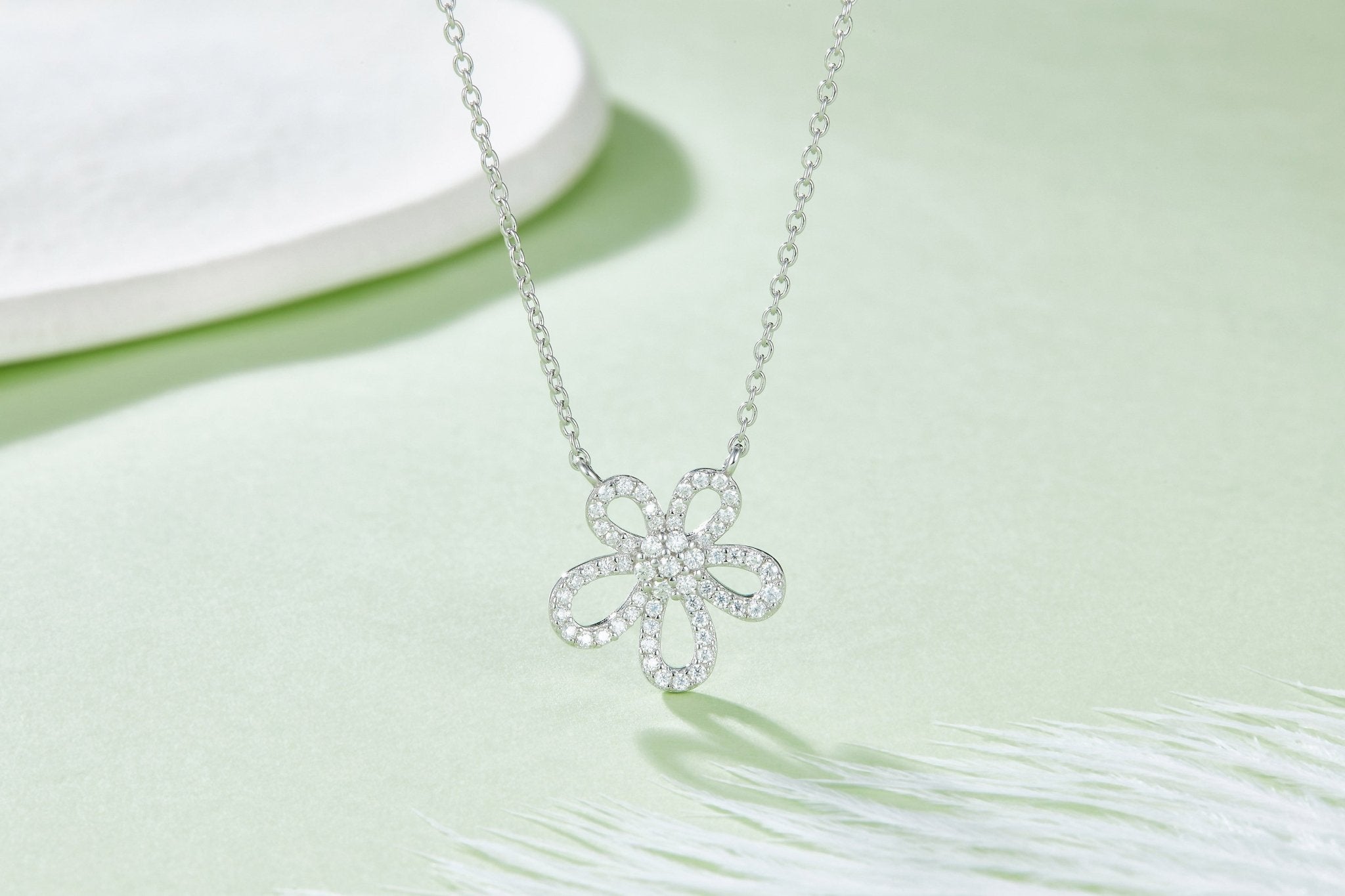 S925 Sterling Silver Dainty Flower Necklace, 49 D-VVS1 Moissanite Pave, Platinum Plated 1.1g With GRA Certificate & Gift Box - IVOIRART.COM