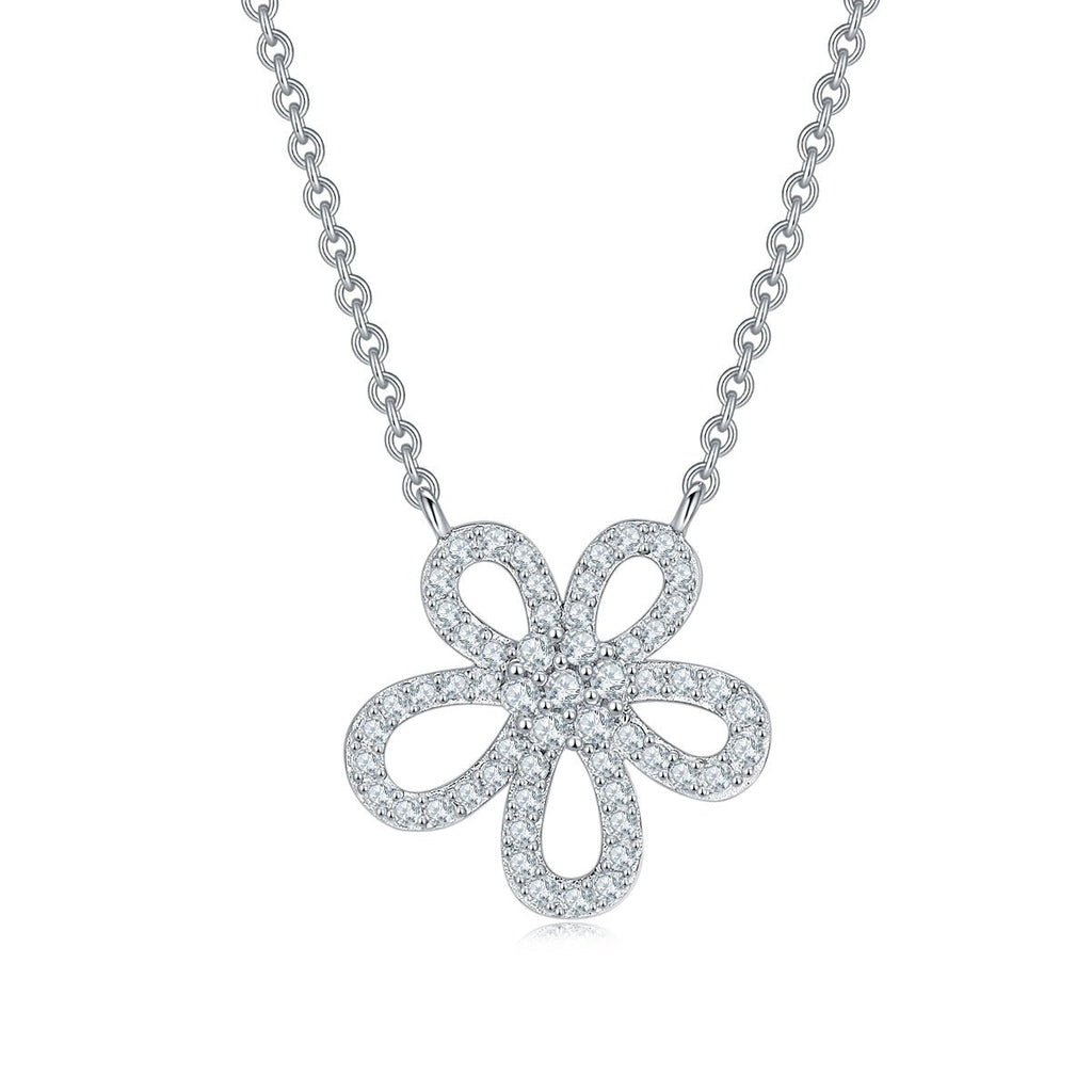 S925 Sterling Silver Dainty Flower Necklace, 49 D-VVS1 Moissanite Pave, Platinum Plated 1.1g With GRA Certificate & Gift Box - IVOIRART.COM
