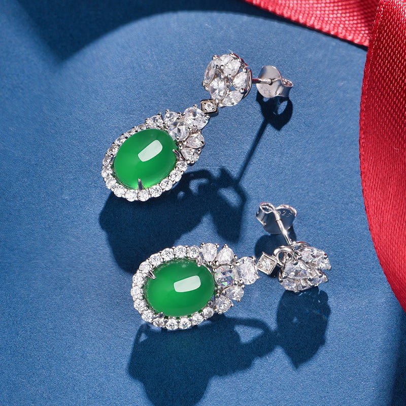 S925 Sterling Silver Dangle Earrings 10x8mm Oval Green Chrysoprase, Platinum Plated Elegant Drop Earrings For Women With Fashion Gift Box - IVOIRART.COM