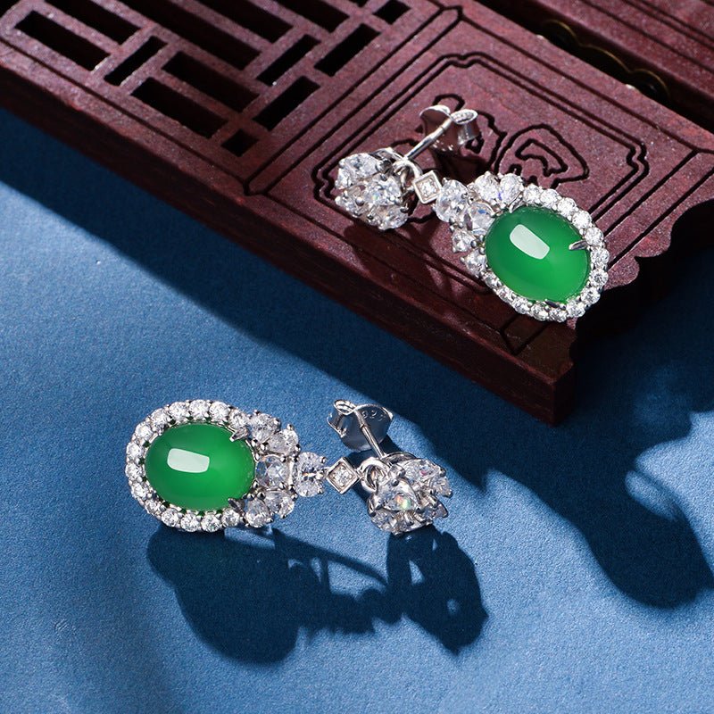 S925 Sterling Silver Dangle Earrings 10x8mm Oval Green Chrysoprase, Platinum Plated Elegant Drop Earrings For Women With Fashion Gift Box - IVOIRART.COM