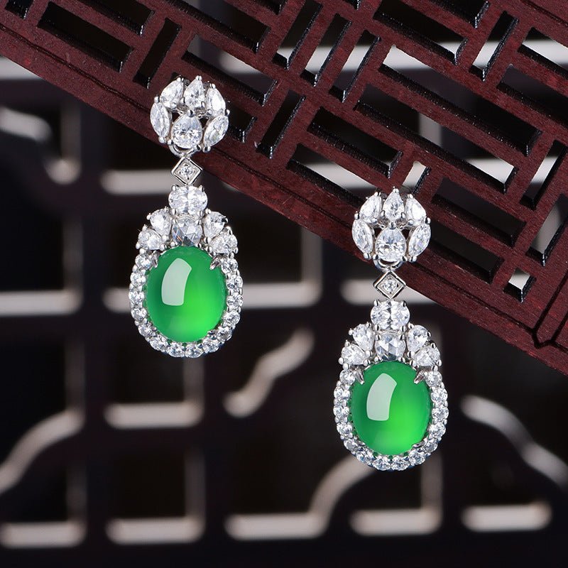 S925 Sterling Silver Dangle Earrings 10x8mm Oval Green Chrysoprase, Platinum Plated Elegant Drop Earrings For Women With Fashion Gift Box - IVOIRART.COM