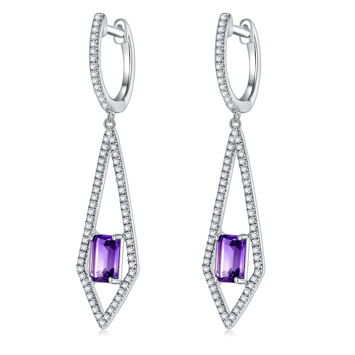 S925 Sterling Silver Dangle Earrings 6x4mm Natural Amethyst, Platinum Plated Long Kite Drop Earrings For Women, Fine Jewelry Gift Box Set - IVOIRART.COM