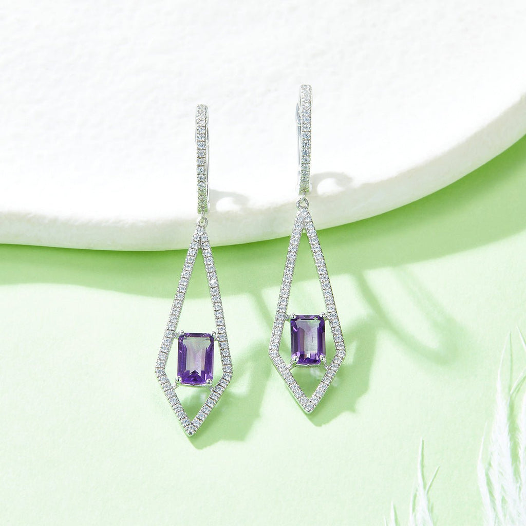 S925 Sterling Silver Dangle Earrings 6x4mm Natural Amethyst, Platinum Plated Long Kite Drop Earrings For Women, Fine Jewelry Gift Box Set - IVOIRART.COM