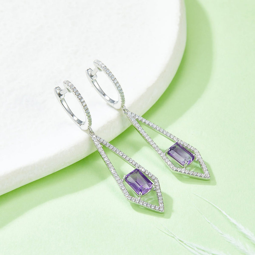 S925 Sterling Silver Dangle Earrings 6x4mm Natural Amethyst, Platinum Plated Long Kite Drop Earrings For Women, Fine Jewelry Gift Box Set - IVOIRART.COM