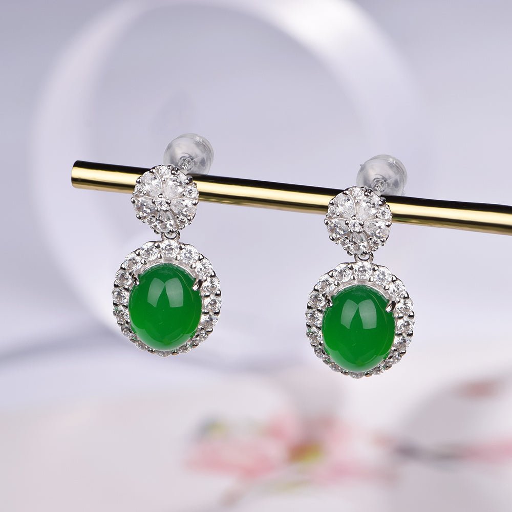 S925 Sterling Silver Dangle Earrings, 8x10mm Oval Green Chrysoprase, Platinum Plated Halo Drop Earrings For Women, Elegant Jewelry Gift Box Set - IVOIRART.COM