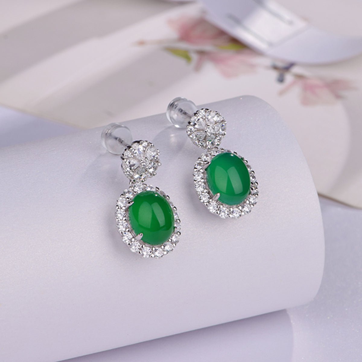 S925 Sterling Silver Dangle Earrings, 8x10mm Oval Green Chrysoprase, Platinum Plated Halo Drop Earrings For Women, Elegant Jewelry Gift Box Set - IVOIRART.COM