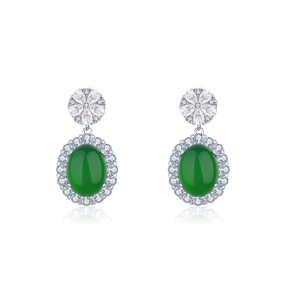S925 Sterling Silver Dangle Earrings, 8x10mm Oval Green Chrysoprase, Platinum Plated Halo Drop Earrings For Women, Elegant Jewelry Gift Box Set - IVOIRART.COM